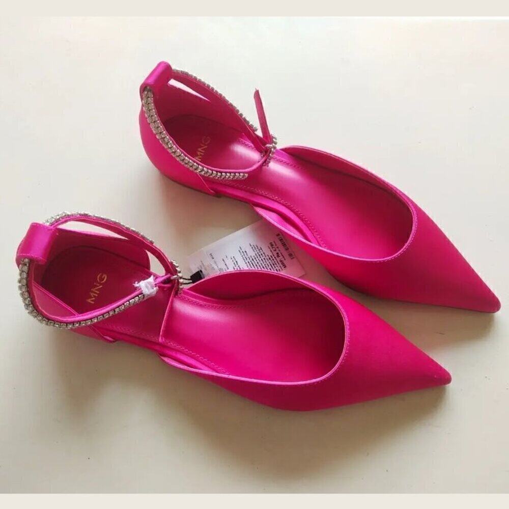 MANGO Fuchsia Satin Rhinestone Pointed Toe Flats NWT Barbiecore Shoes - Picture 12 of 16